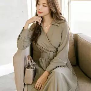 EAMT 원피스 스커트 여사친 오피스룩 폴라넥 순색 긴팔주름 지성 봄가을 러블리 정장 EUNG1