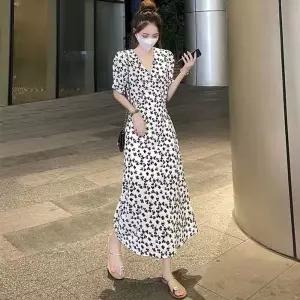 여성 크로바 브이넥 허리 조절끈 원피스꽃무늬 미니 랩원피스 리본 쉬폰 원피스 프릴
