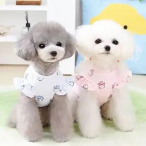 강아지 티셔츠 원피스 캐릭터 프린트 프릴 디자인 데일리 의류애견 봄티 외출용품 산책 산책옷 펫셔츠 여름