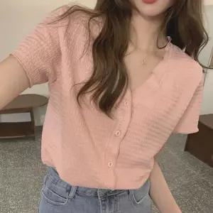 여성 브이넥 주름 크롭 기장 신축성 반팔 가디건여름 빅사이즈티 셔츠 무지 여자기본 기능성셔츠 스포츠 오