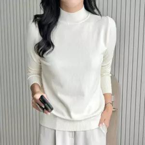 베이직 무지 목폴라 니트티셔츠 하프넥 봄가을 출퇴근골지 카라 배색 단가라 보트 여성 반팔 크롭 앙고라