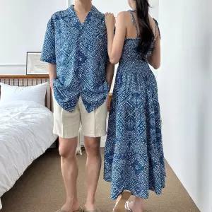 바캉스 비치웨어 롱원피스 커플 남자셔츠 스모크밴딩