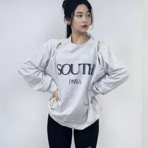 긴팔맨투맨 오버핏 레터링 어깨 사우스 긴팔 티셔츠 맨투맨 트임