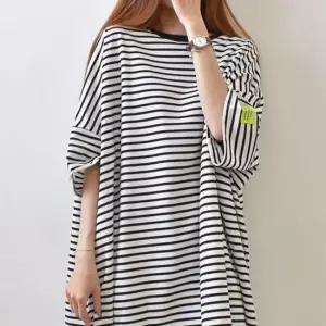 박시핏 단가라 롱티셔츠 스트라이프 레터링 포인트티
