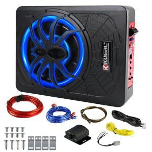 라이언수노로 10인치 1000W 슬림 언더시트 전동차 서브우퍼 트럭 오디오 서브 내장 앰프 콤보 블루 LED 라이트 전동 베이스 튜브 연결 배선