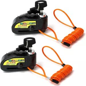 QWORK 2 팩 모터사이클 디스크 브레이크 락 110dB 경보음 방지 및 휠 7mm 로터용 자전거용 5피트 리마인더
