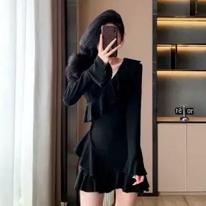 M1 니트 원피스 치마 검정 여성 쉬폰원피스 브이넥 플레어 소매 스몰 JEN1