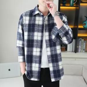 보니따스 남자 캐주얼 격자무늬 긴팔 셔츠 아우터 봄가을 스트라이프 티 카라넥 ADOR3