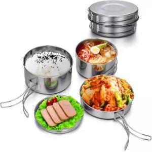 Lixada 캠핑 조리기구 세트 4PCS 휴대용 스테인리스 스틸 캠프 경량 스태커블 냄비 및 팬 플레이트 야외