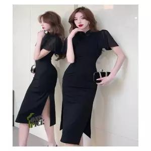 여친 원피스 롱 블랙 망사 쉬폰 소매 치파오 개량식 미누이 프릴 원템3