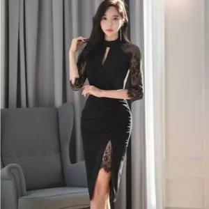 EAMT 원피스 여사친 하계 슬림핏 힙스터 봄가을 패치 셔링 실루엣 절개 레이스 EUNG2