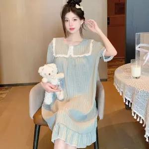 쉬헐크 커플 잠옷세트 프린세스룩 수면 스커트 레이스 반팔 롱 캐주얼 체크 구름 면 파자마 KKE2