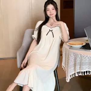 쉬헐크 커플 잠옷세트 솔리드 반팔 잠옷 여름 편안하고 상큼한 프린세스룩 롱스커트 구름 면 KKE2