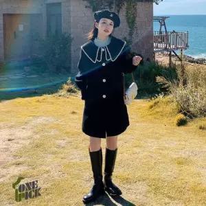 여성용 모직 배색 칼라 루즈핏 코트 추동 OP3