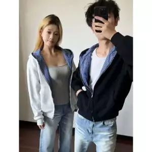 남성 면 가을 계통로얄블루양 커플후드 집업 체크후드 데일리 가디건 다올3