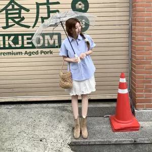 [옷자락] 여자 오버핏 포켓 카라 데일리 코튼 반팔 셔츠