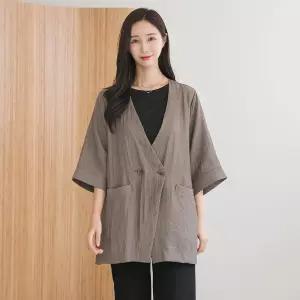 [드리다]드리다 여성 여름 린넨 브이넥 루즈핏 빅사이즈 7부 자켓 40-50대 미시 중년여성 엄마옷 캐주얼 출