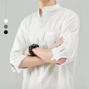 남성 7부 헨리넥 린넨 셔츠 남자 여름 캐주얼 남방 넨7부 차이나카라 넨반팔 봄남방 루즈핏 블랙