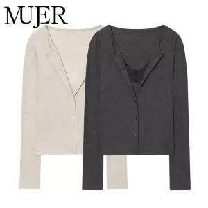 MUJER 레이스 크롭 재킷 여성 탑 빈티지 니트 데미 시즌 버튼업 코트 오피스 가디건