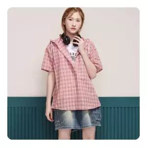 에꼴리에 HC33 5부 레드 체크 후드 셔츠 여아,후드셔츠,남방,체크남방,루즈핏,티셔츠,