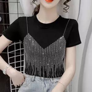 반짝이 티셔츠 슬림 댄스 라인 상의 반팔 댄스복