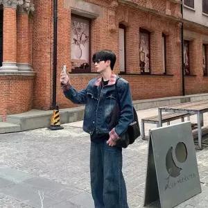 남성자켓 트렌디 아이템 데님 청 빈티지 레드 체크 터틀넥 블루 코트 커플 오버핏 워싱 재킷 건달패션 HT1