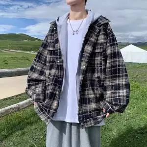 하프코트 남성 코트 하프 가짜 투피스 빈티지 체크 재킷 가을 루즈핏 모직 admr3