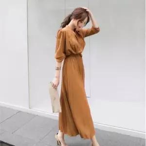 EAMT 여성용 원피스 스커트 긴팔 조거 봄가을 슬림핏 쉬폰 YJ3