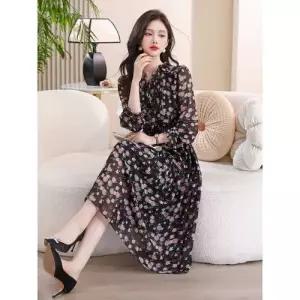 EAMT 원피스 여친 검정 가을 빈티지 쉬폰 슬림핏 긴팔 라운드넥 YJ3