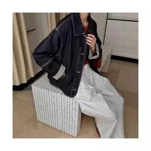 여성 미리준비 데님 자켓 체크 코트 빈티지 터틀넥 싱글 캐주얼 OOTD1