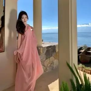 스커트 여사친 분홍 홀터넥 봄여름 포토 쉬폰 바캉스룩 플리츠 데일룩 여행 해변 비치 DAOL2