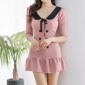 채핏 썸씽 배색카라 프릴 원피스 섹시 미니 홀복 여친룩 데이트룩 핑크 포인트 슬림