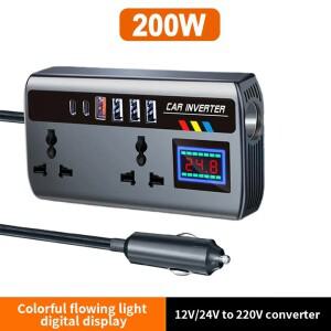 차량용 인버터 12V-24V ~ 220V 전원 변환기 PD+QC3.0 4 USB 휴대폰 충전기 200W 9 in 1 시거잭 어댑터 (RV
