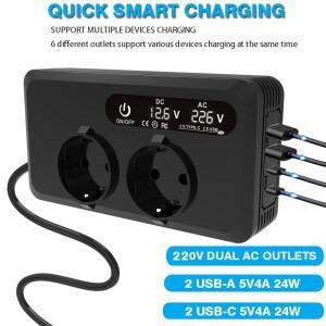 200W 차량용 인버터 12V 시거잭 어댑터 자동차 변환기 전압계 포함 2V에서 AC 220V 230V EU 전원 소켓 4개