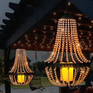 캔들 샹들리에 야외에 걸어두기 배터리 작동 투명 아크릴 구슬 깜빡이는 LED 라이트 S 후크가 달린 정원