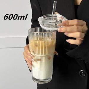 1개 600ml 내열 유리 커피잔 뚜껑과 빨대 투명 밀크티 주스컵 커피 머그잔 가정용 바