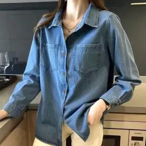 포켓 카라 진청 데님셔츠 여성 긴팔 청남방 데일리