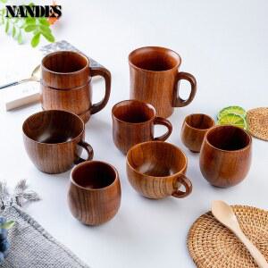 레트로 천연 나무 큰 배꼽 컵 스타일 우유 워터 커피 맥주 차 머그잔 수제 주방 바 Drinkwa
