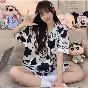 [당일 출고] 여성용 크레용신짱 올오버 프린트 파자마 세트 귀여운 만화 2피스 잠옷