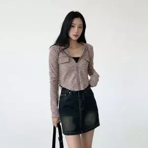 |KHJ6F34|여성 스트라이프 후드 집업 세미 크롭형 페이크 포켓