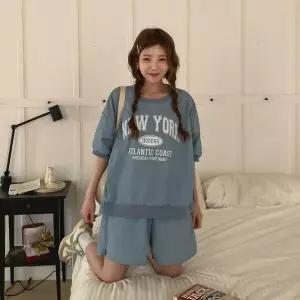 여자 뉴욕 레터링 바스락 나일론 루즈핏 여름 반팔 반바지 트레이닝 투피스 세트