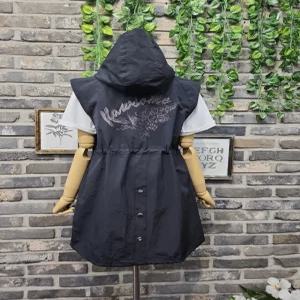 레터링 플라워 자수 바람막이 후드 롱 야상 조끼