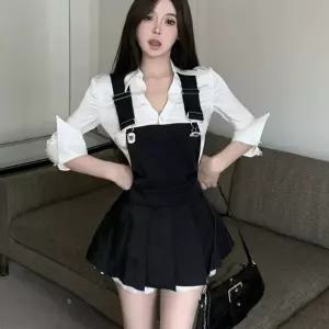 플리츠 퀼로트 셋업 미니 셔츠 멜빵