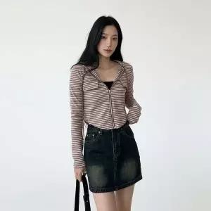 [하프클럽/]여성 스트라이프 후드 집업 세미 크롭형 페이크 포켓