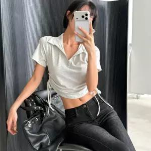 여자 배꼽티 크롭 반집업 카라넥 옆셔링 여름 티셔츠