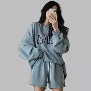 캐주얼 레터링 긴팔 상의 반바지 여성 운동복