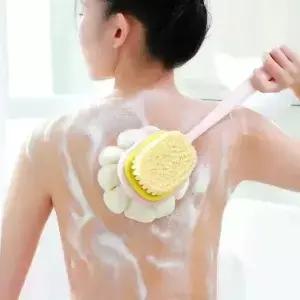 여성용 스킨 엑스 폴리 에이 팅 목욕 마사지를위한 부드러운 메쉬 스폰지가있는 루파 백 스크러버 롱 핸들
