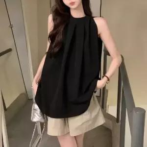 A라인블라우스 여름 출근 룩 정장 나시 민소매 훌 블라우스 홀터넥
