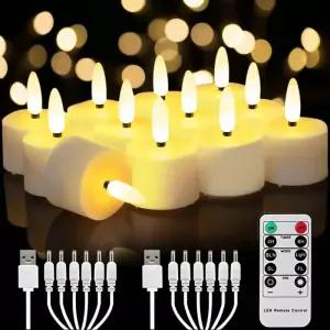 LED초 612팩 충전식 불꽃 양초 깜박이는 LED 티 라이트 3D 심지 배터리 전자 촛불 램프
