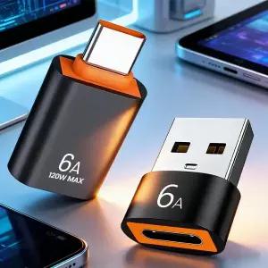 [호환] 6A USB to 타입 C OTG 어댑터 120W USB-C 남성 타입-C 여성 충전기 변환기  데이터 전송 1개 2개